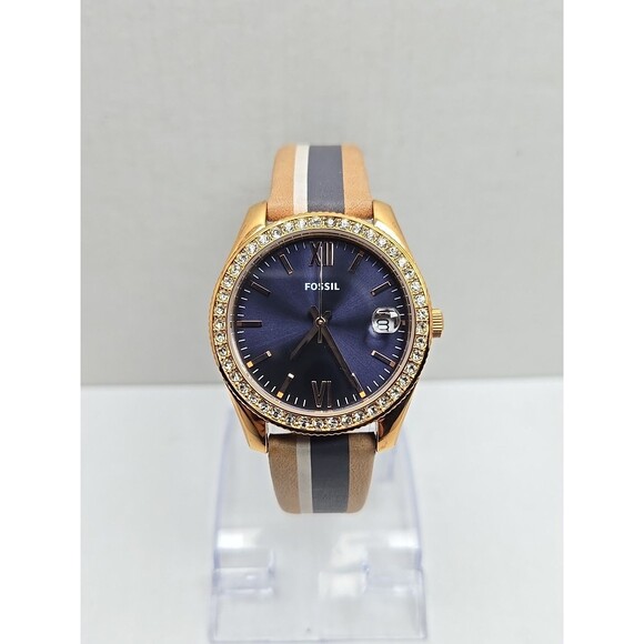 Fossil Scarlette Mini ES4594 Rose Gold Blue Dial Leather Watch New Battery Small - Picture 1 of 12